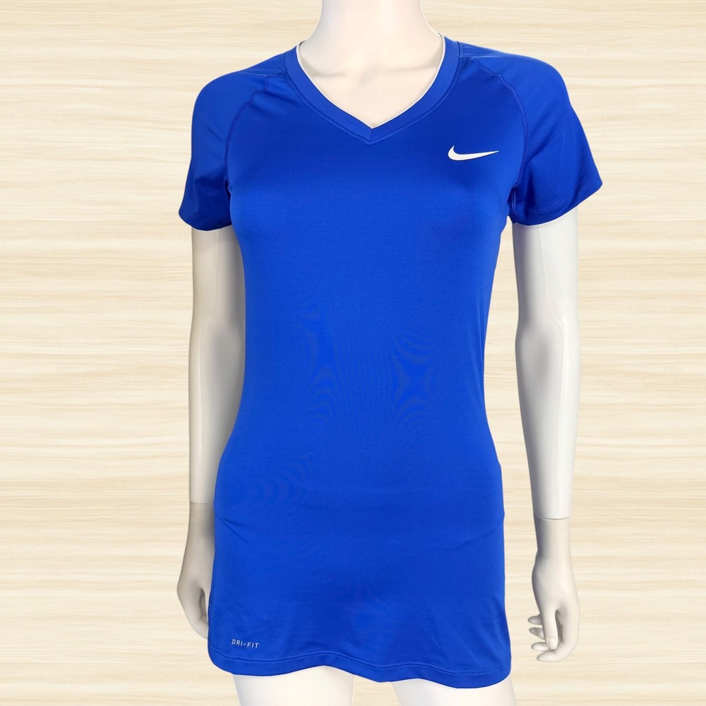 Nike Pro Dri-FIT Fitted V-Neck Training Shirt Royal Blue Womens Small